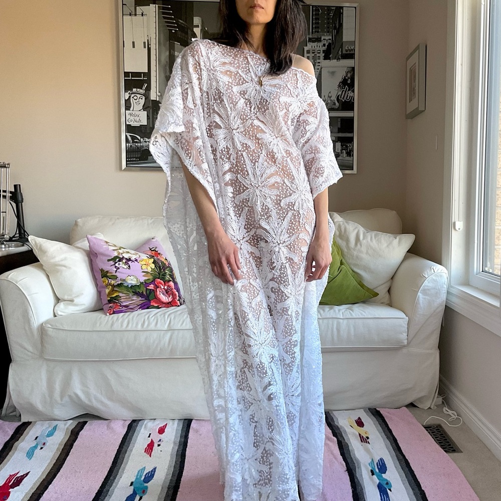 White embroidered sequined sheer floral maxi dress